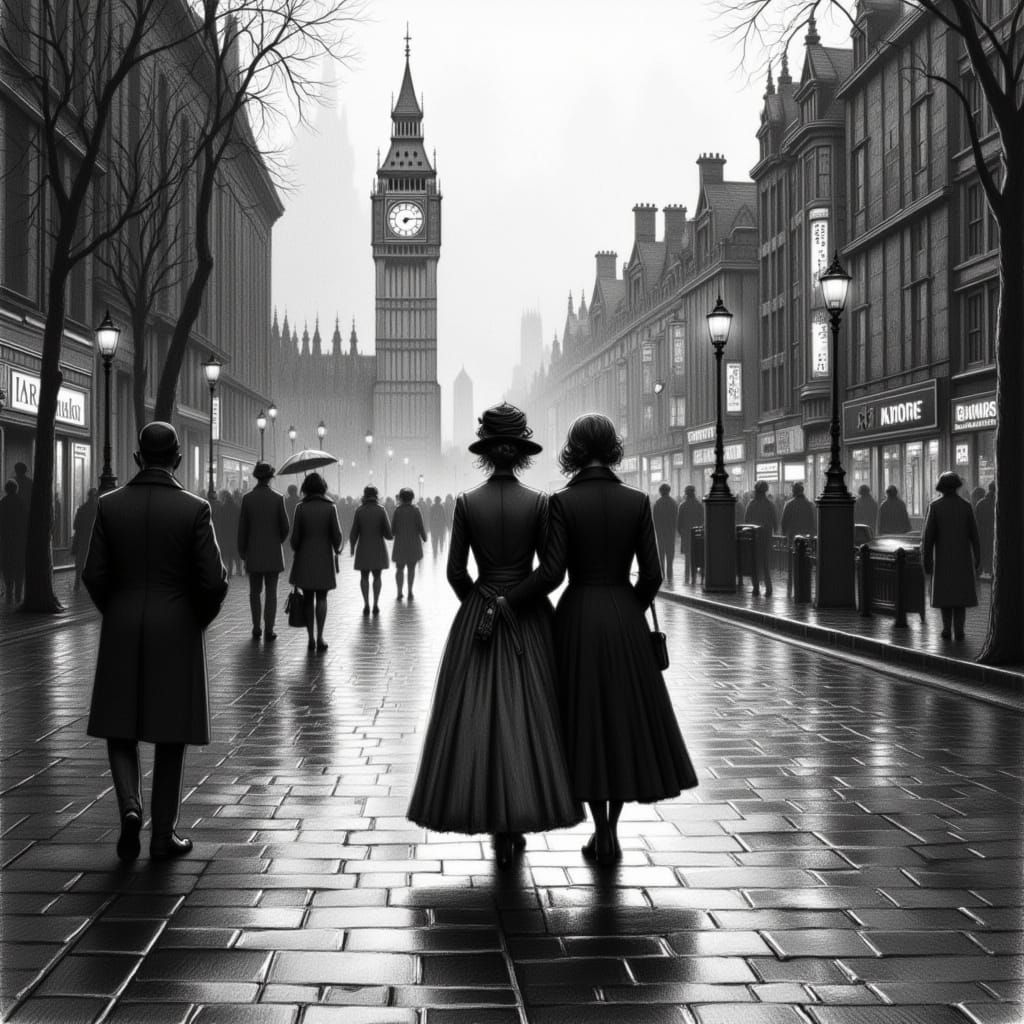 Victorian Couple in Rainy London, 3D Pencil Sketch Style