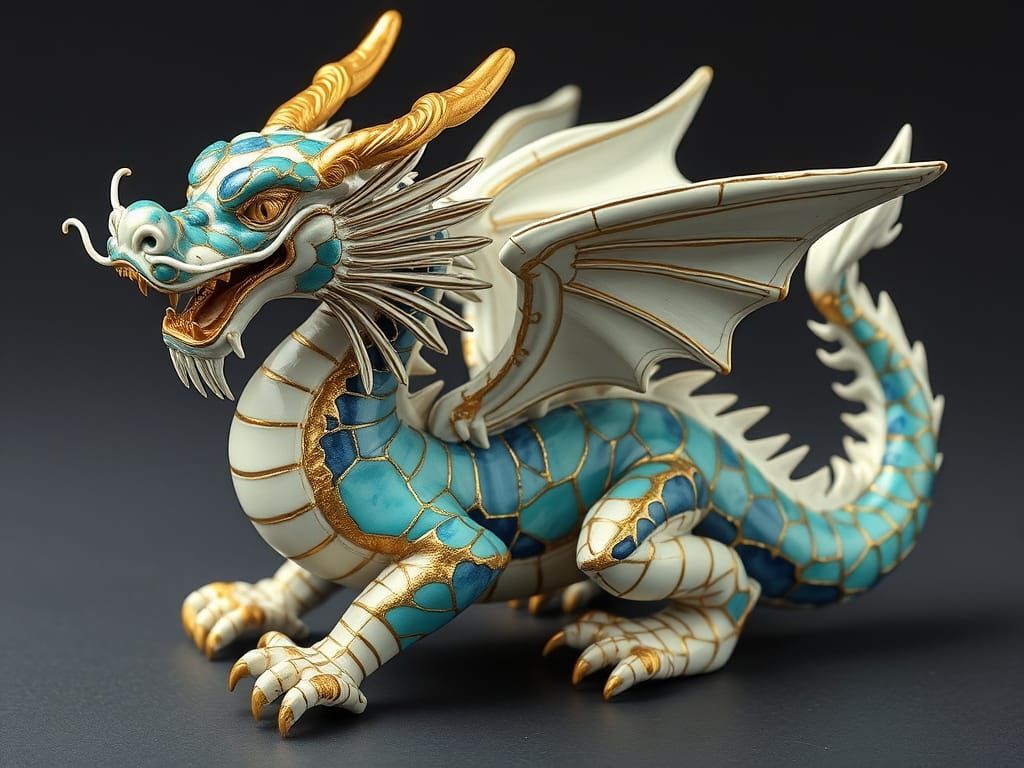 Kintsugi Dragon Statue with Gold Leaf Repair
