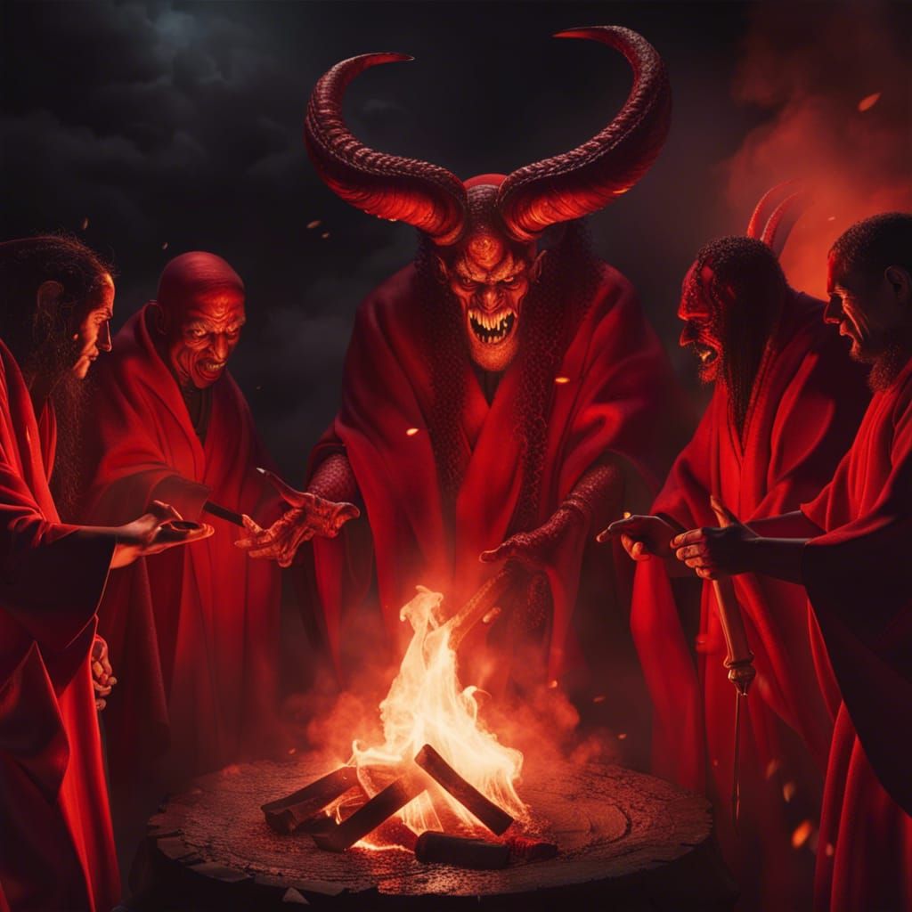 Fiery Demon Ritual at Night: Hyper-Realistic