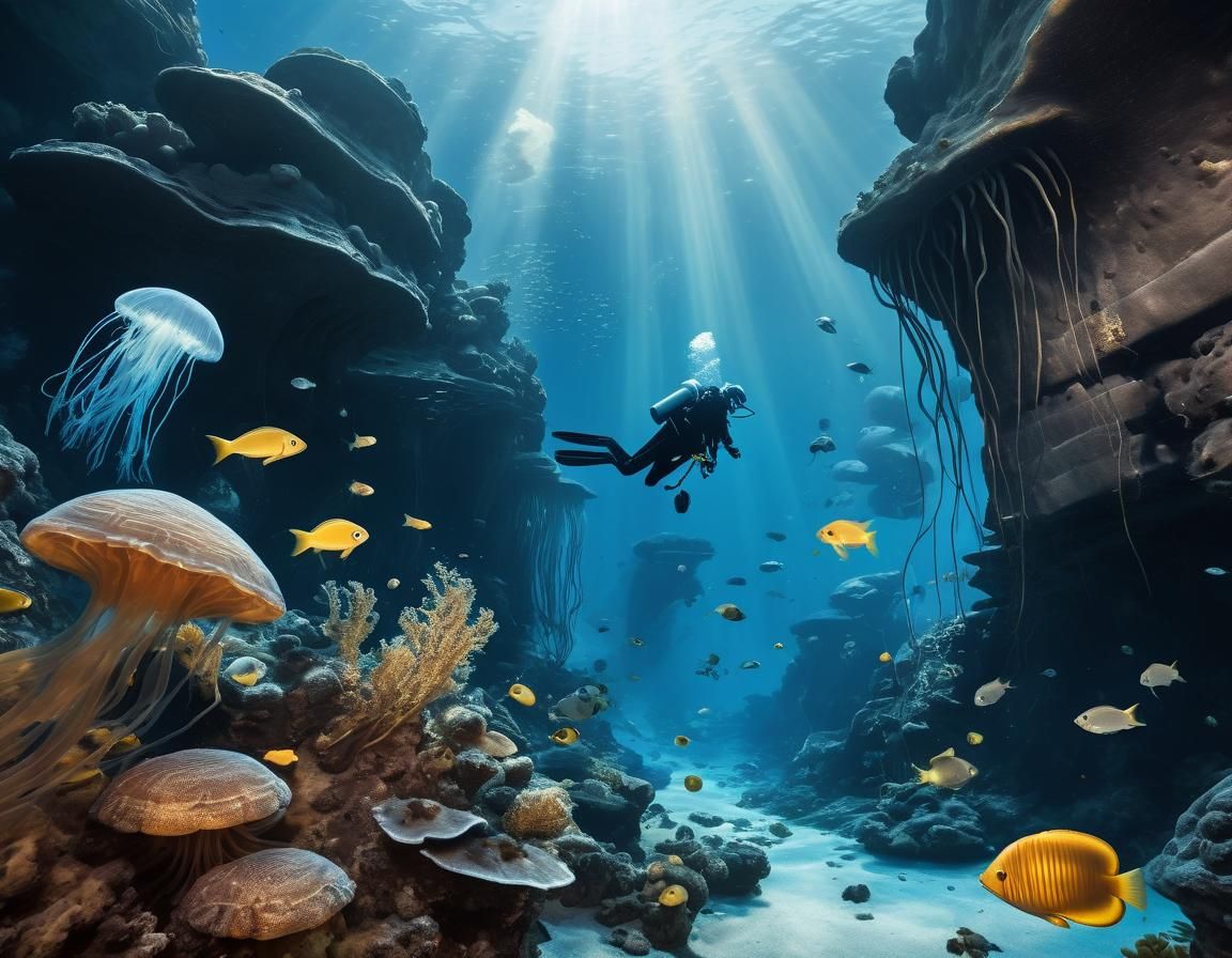 Diver Explores Deep-Sea Environment with Marine Life