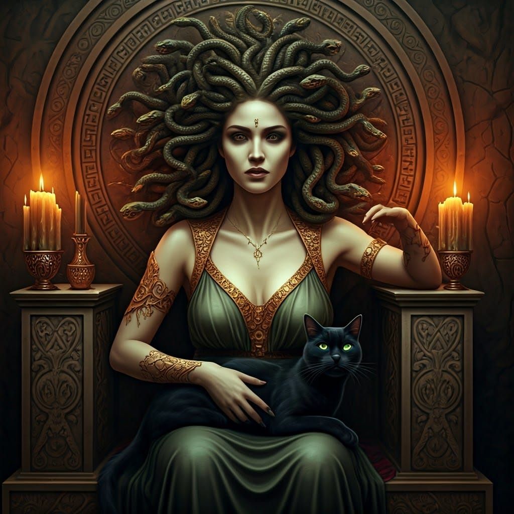 Medusa on Throne with Cat in Pre-Raphaelite Style