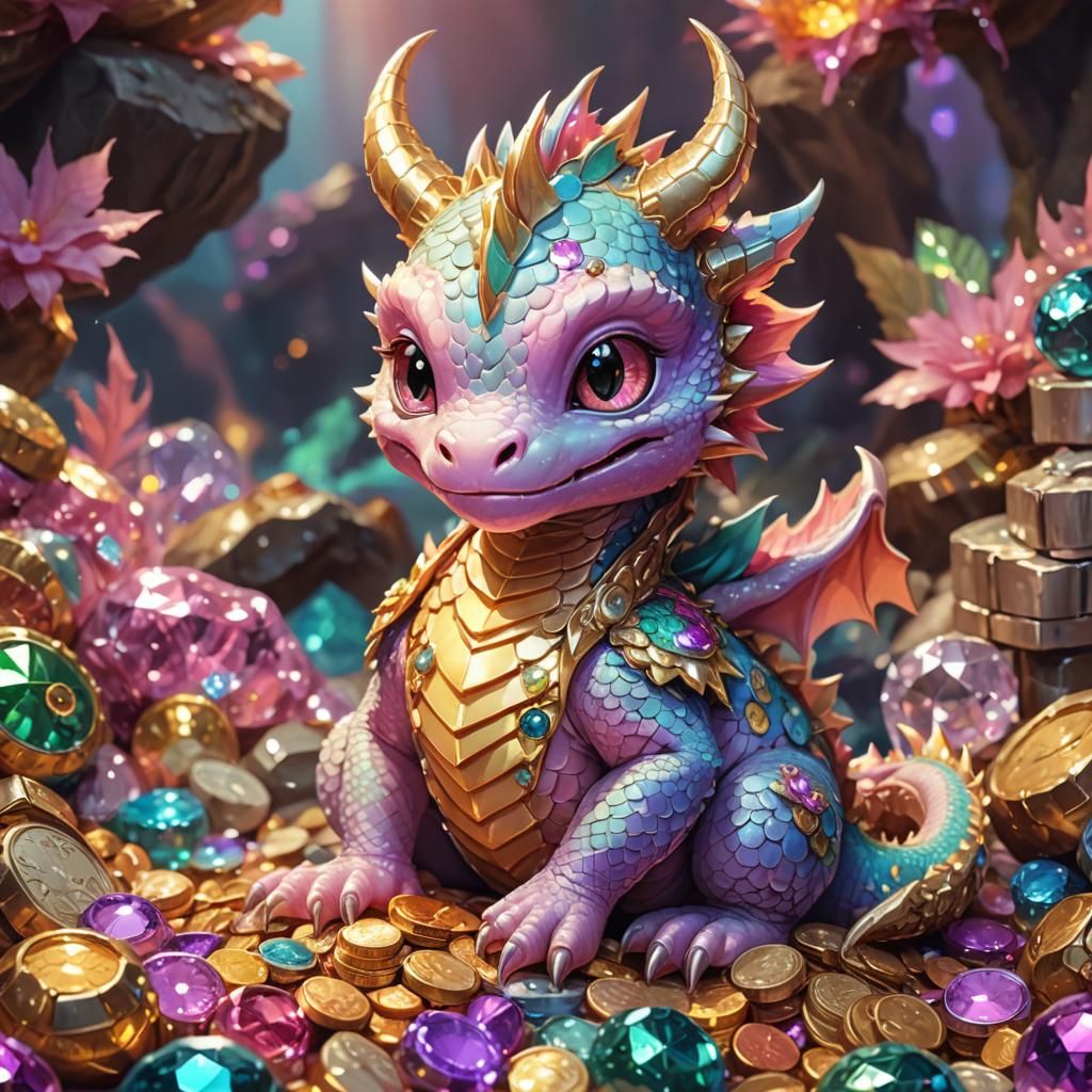 Cute Dragon on Treasure Pile: Kawaii Digital Art
