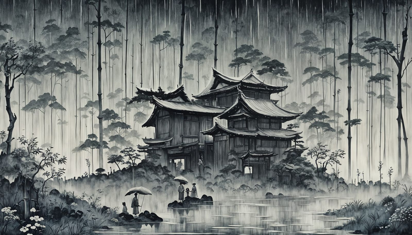 Tengu Shares Umbrella with Child in Bamboo Grove