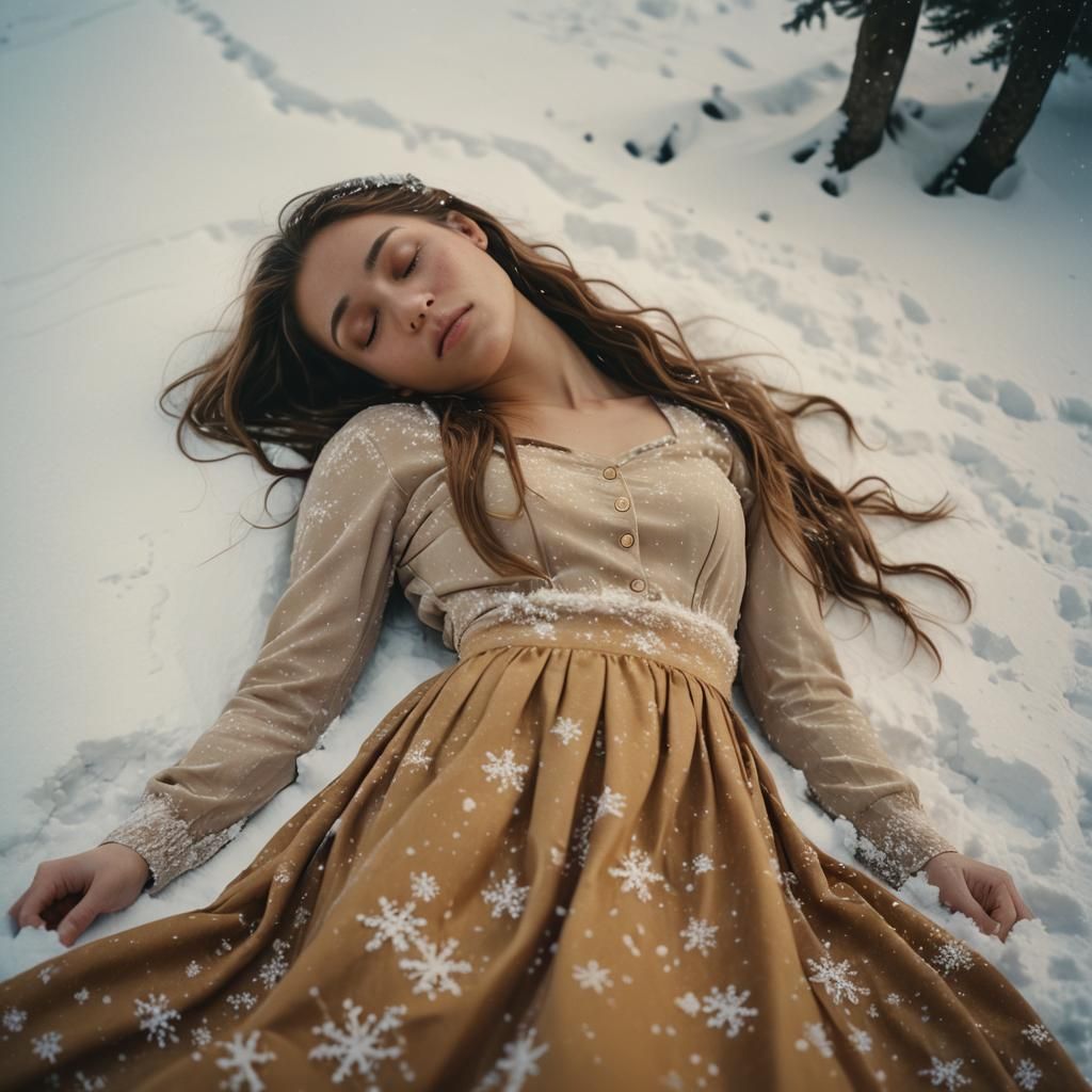 Girl Sleeping in Snow: Cinematic Film Still