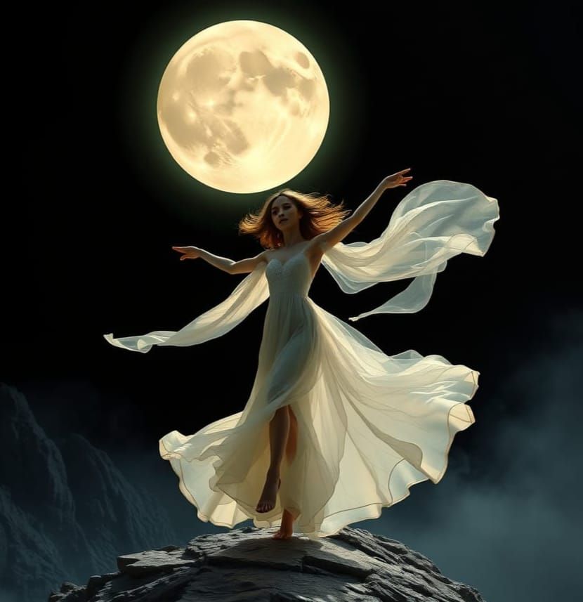 Ethereal Moonlit Dancer in Dreamy Symbolist Landscape