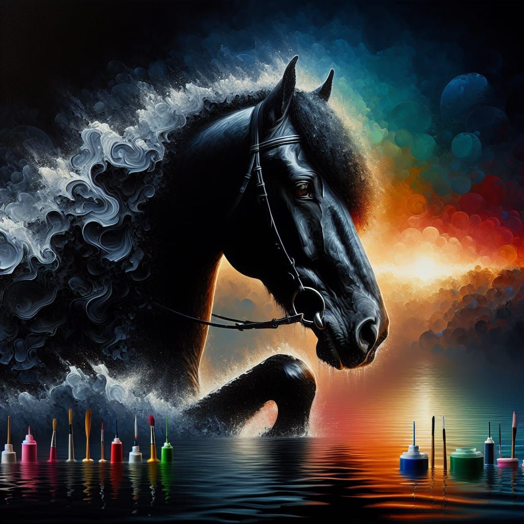 Friesian Horse in Foggy River at Sunset