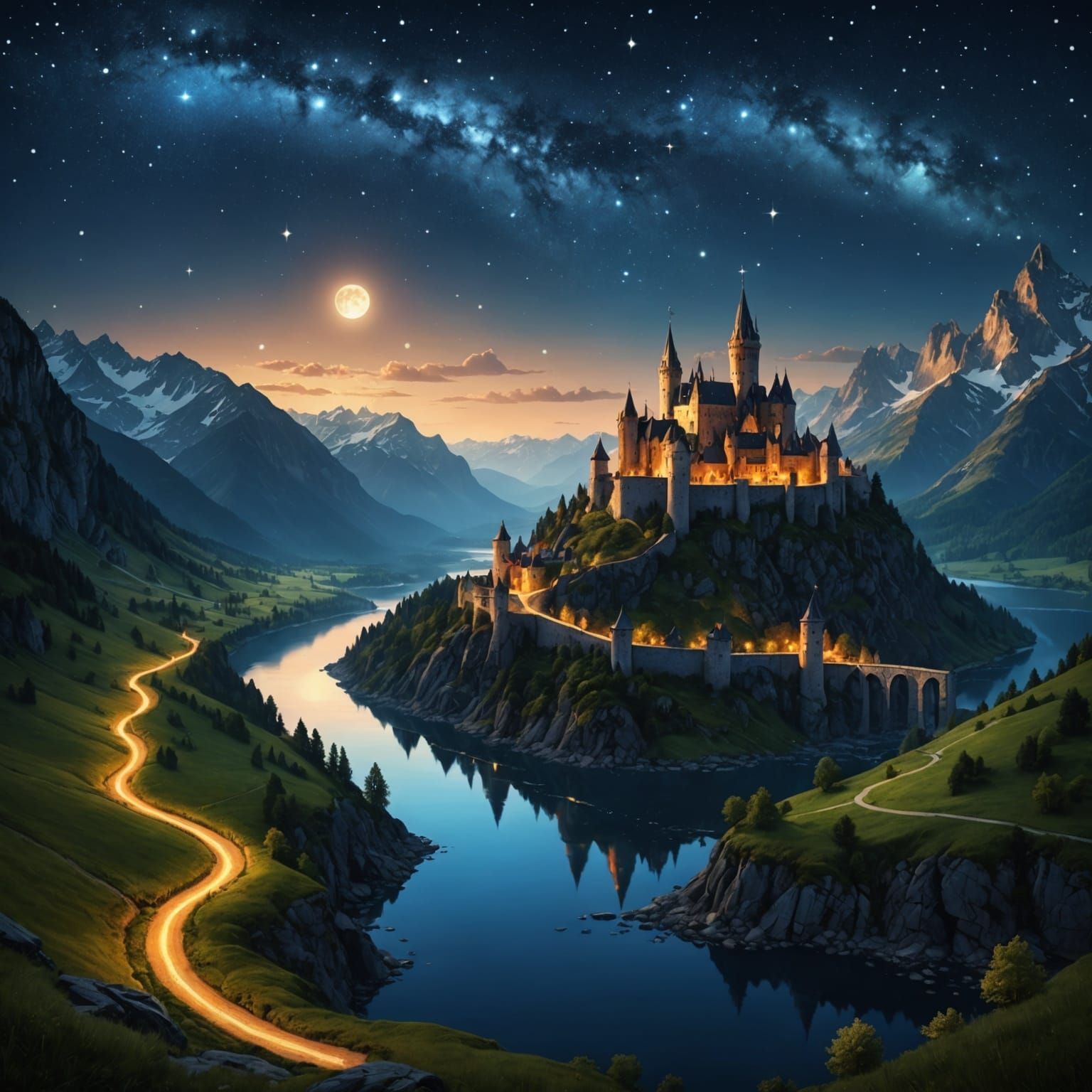 Medieval Kingdom at Night Under Bright Stars