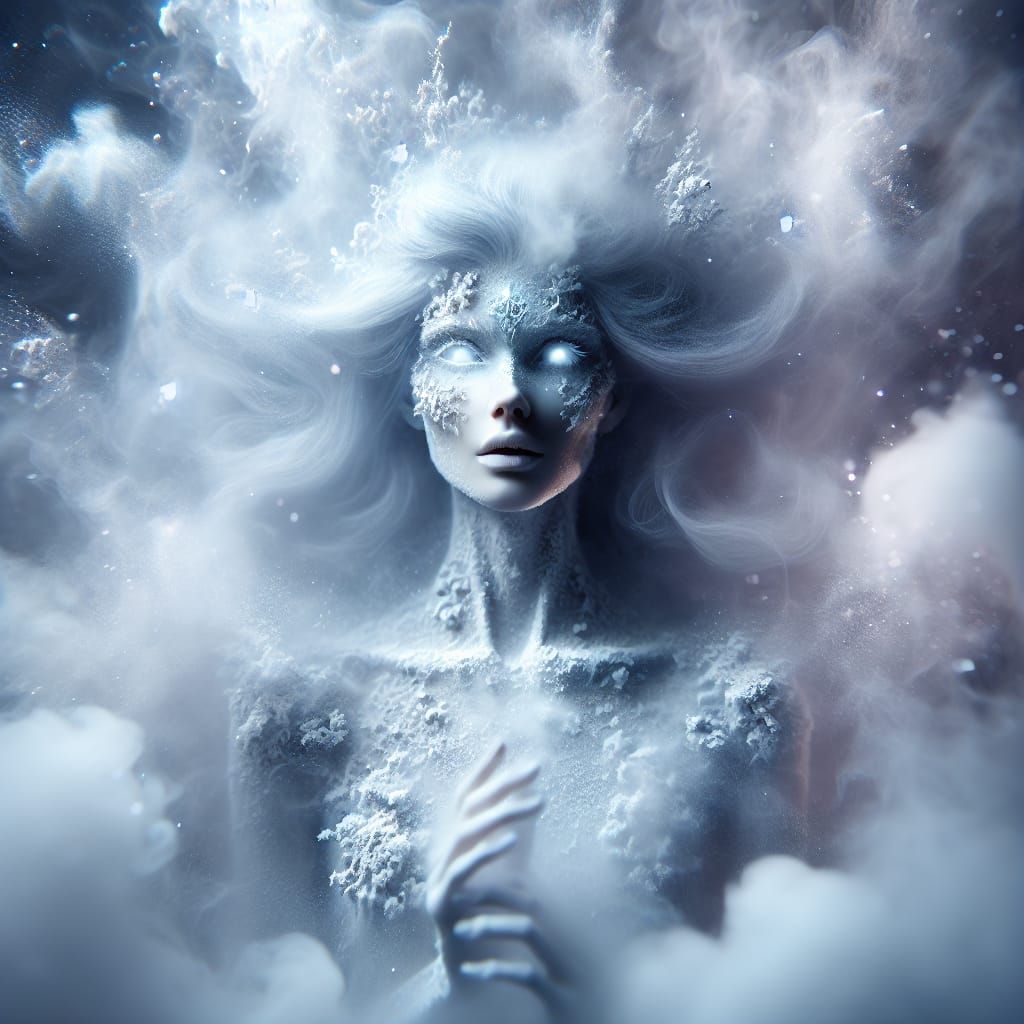 Ethereal Hispanic Ice Witch Emerges from Frosty Mist