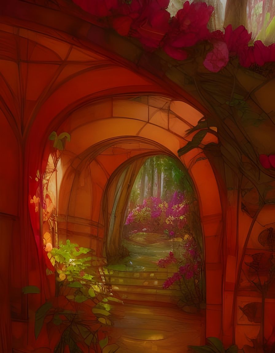 Surreal Pastel Garden Perspective, Etching Style