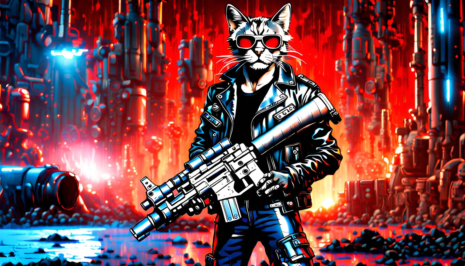 Cool Cat Terminator with Rocket Launcher in Sci-Fi Setting