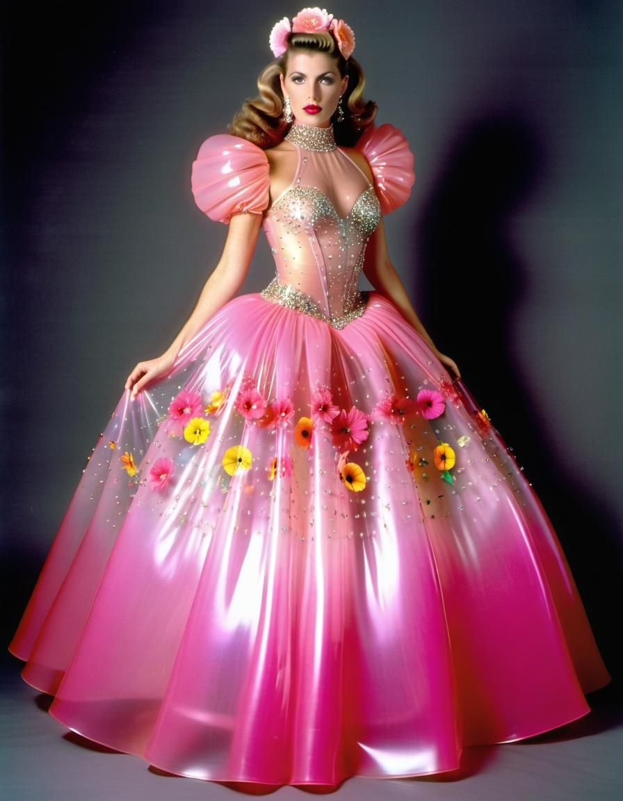 Woman in Translucent Pink Latex Floral Ballgown
