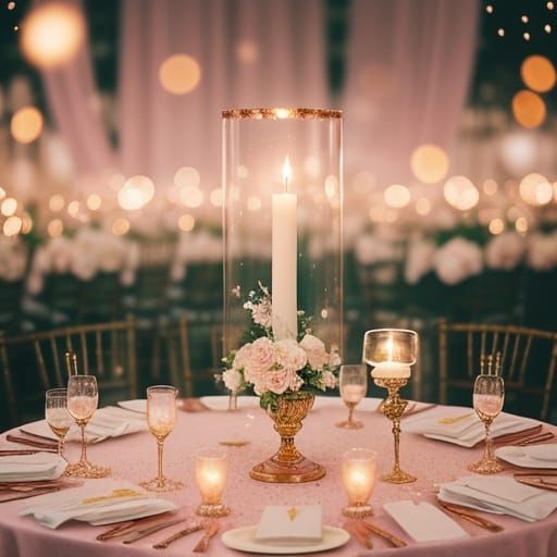 Blush Pink Candle in Sparkling Garden with Rose Gold Fabric