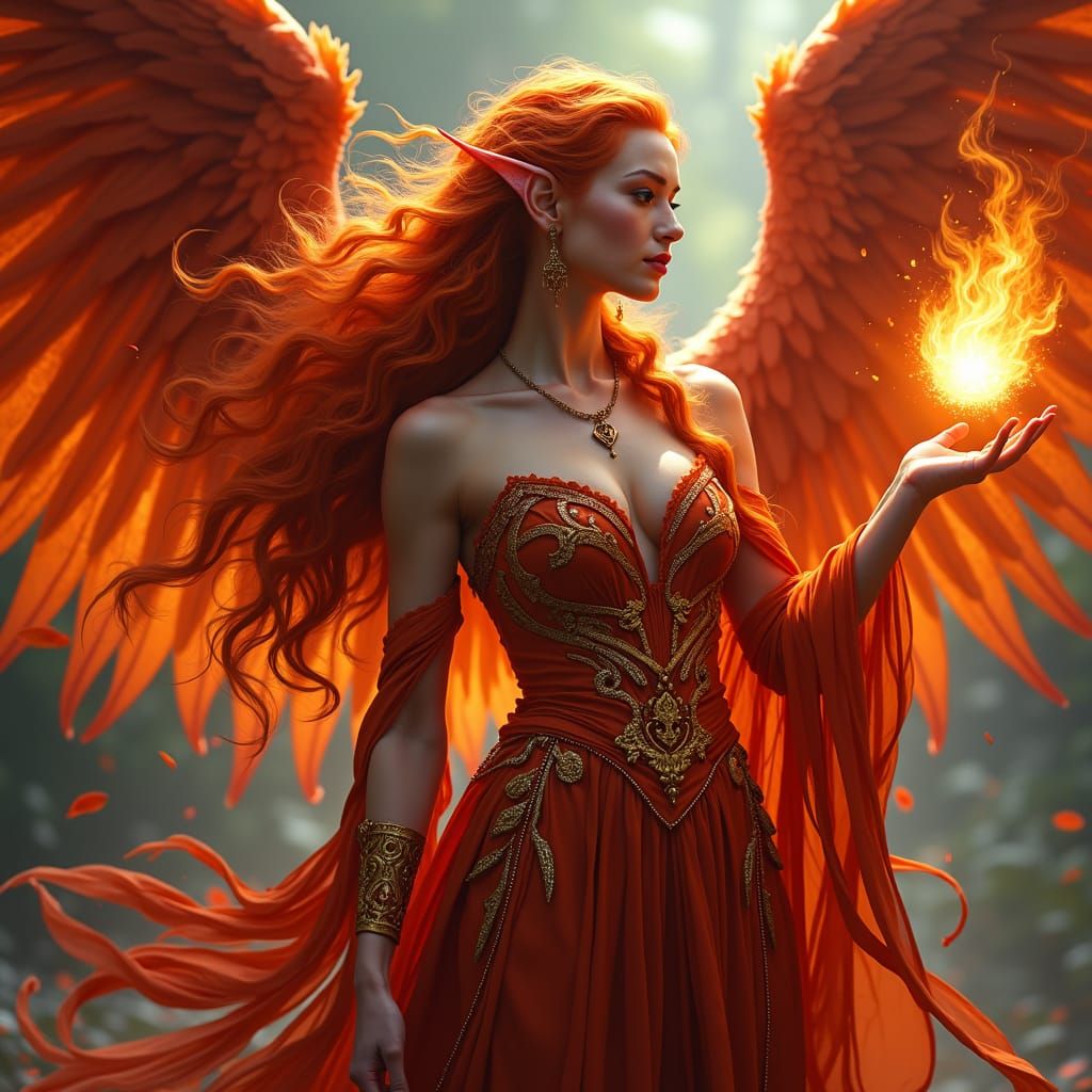 Crimson Tiefling with Flaming Wings and Fireball