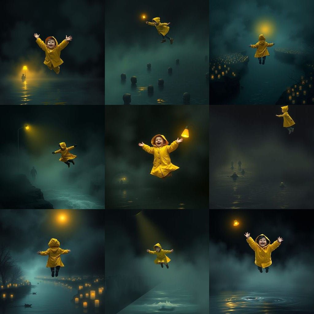 Child Soars Over a River in a Haunting Cyberpunk Scene