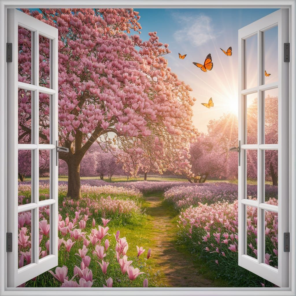 Vibrant Springtime Meadow with Blooming Magnolia