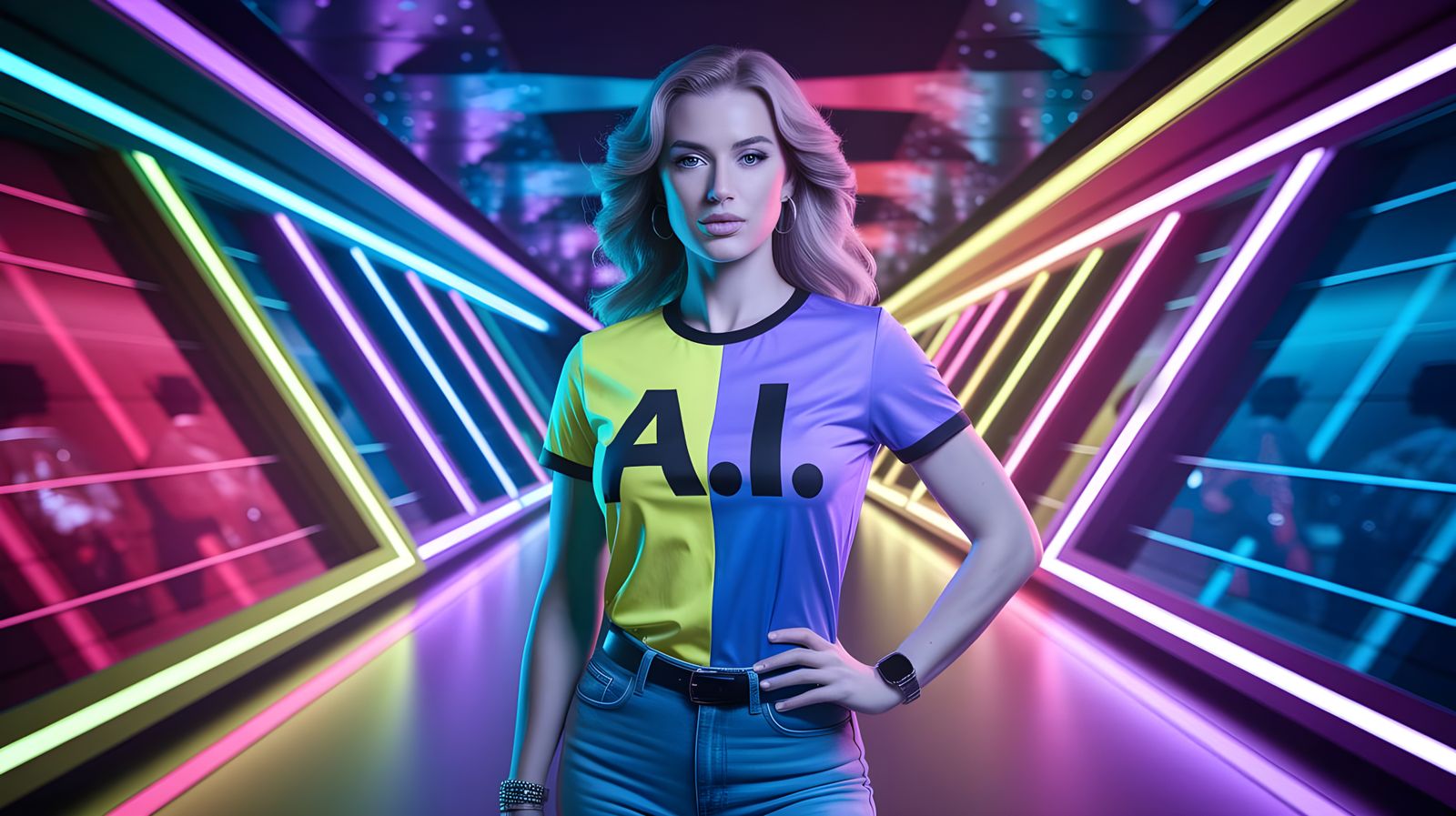 Confident Woman in Vibrant 2090s Pop Art Future Style