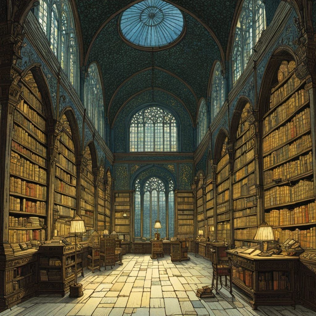 Ethereal Monastery Library in Golden Twilight