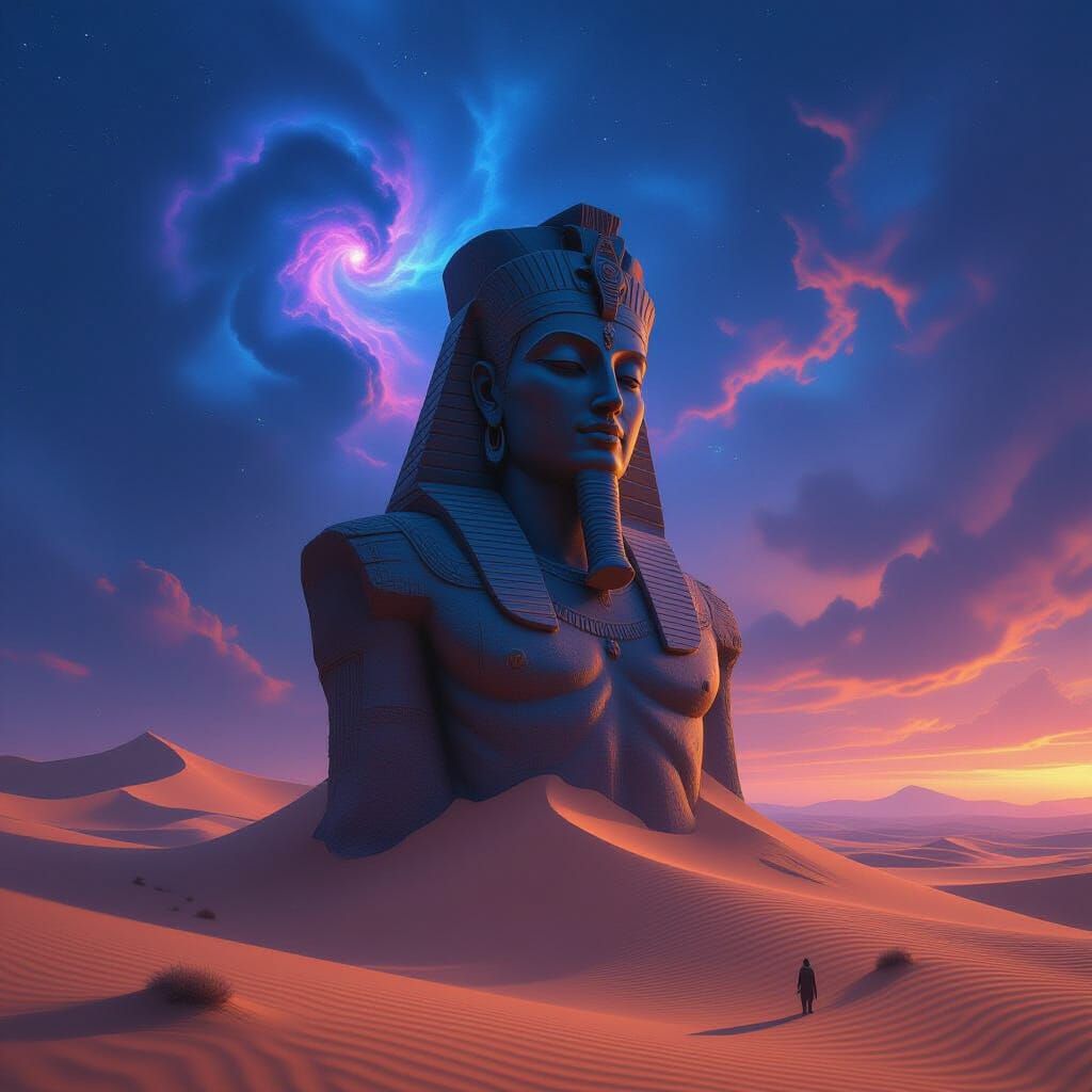 Colossal Deity Statue in Alien Desert Under Cosmic Sky
