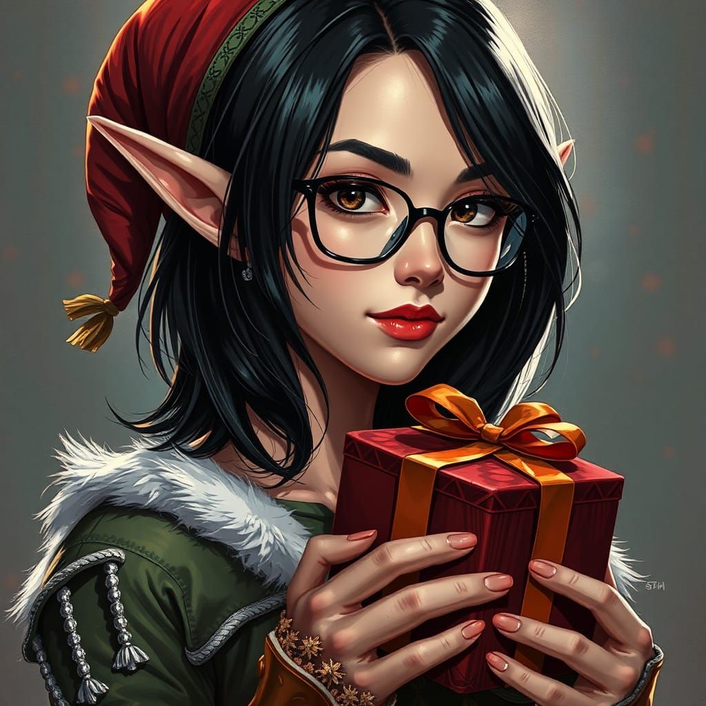Elf Woman Holding Gift in Hyperrealistic Style