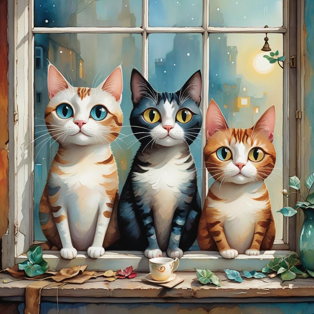 Whimsical Cats with Shiny Eyes Illustration