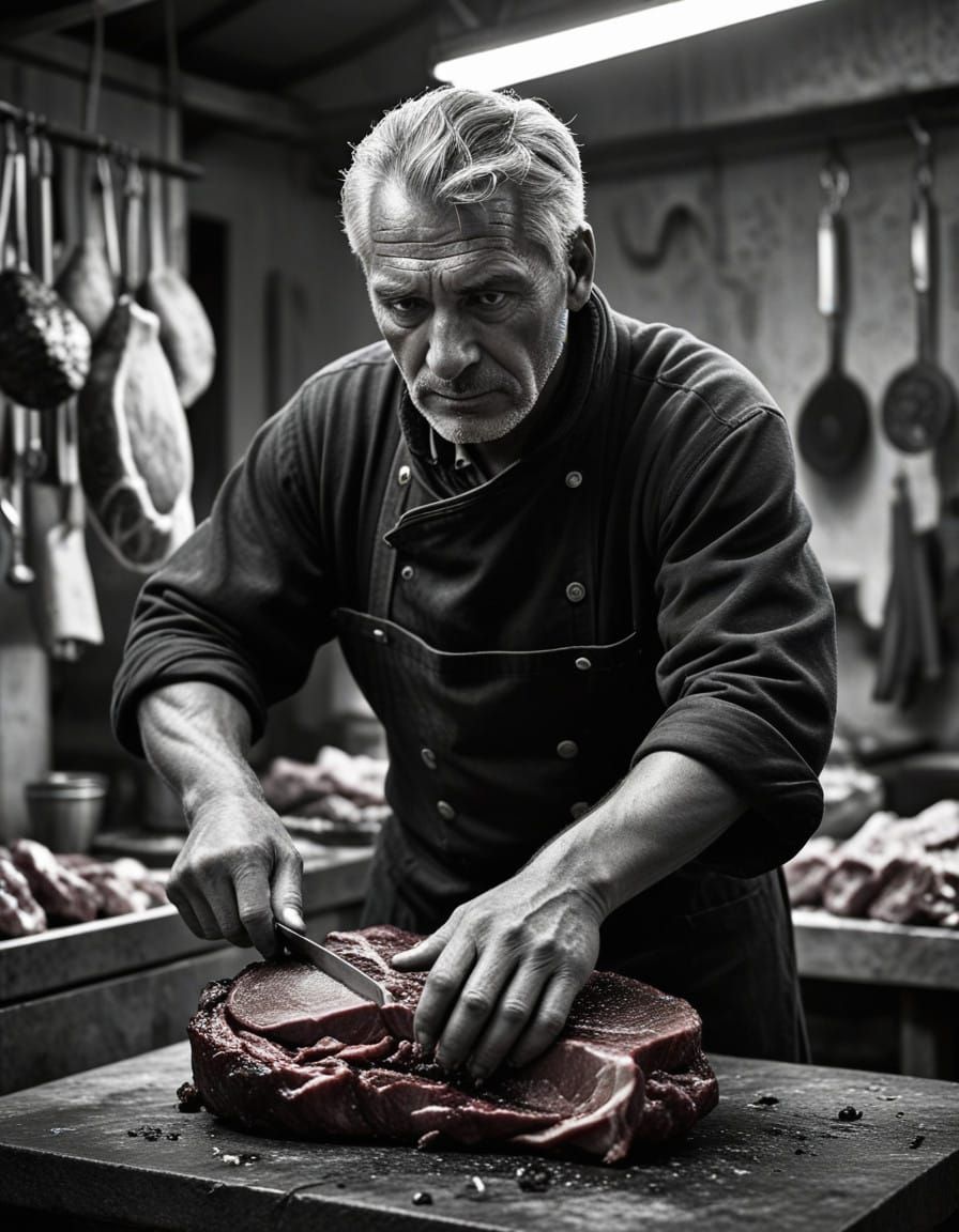 Hyperrealistic Portrait of a Butcher in B&W