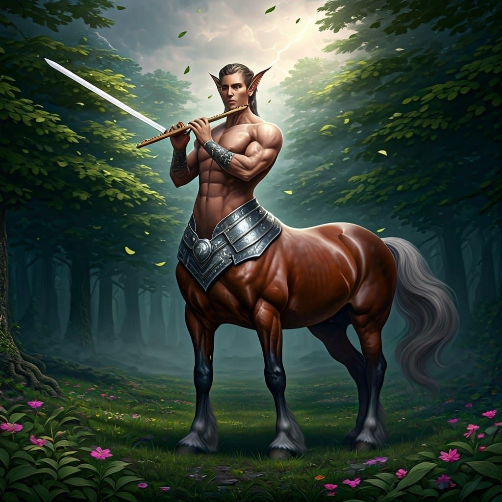 Armored Centaur in Misty Forest, Surreal Digital Art
