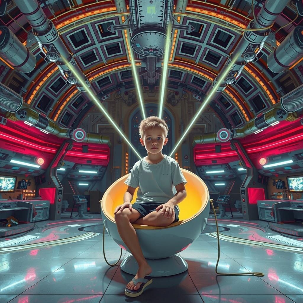 A Young Boy in a Futuristic Spaceship Egg-Stool, in Cyberpun...