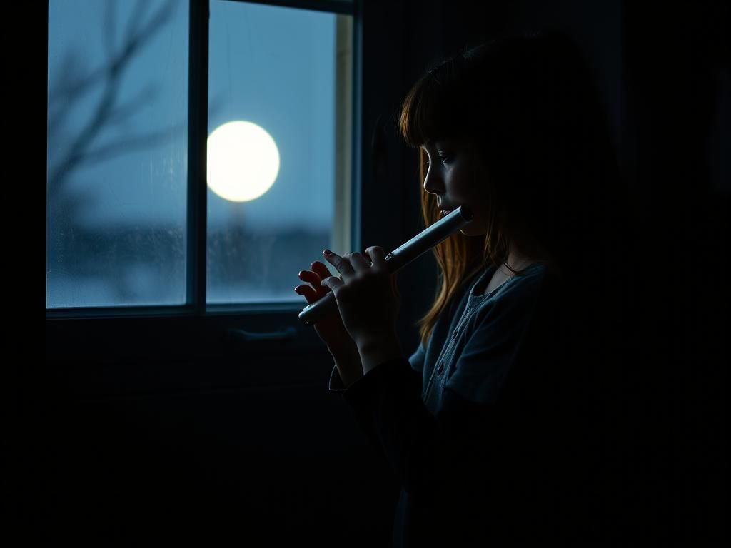 Girl Plays Flute in Dimly Lit Room