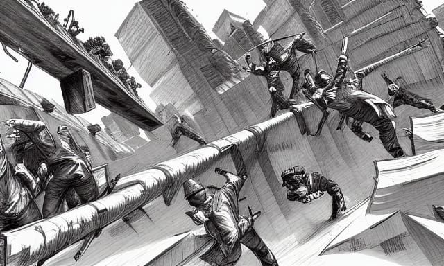 Intense Peasant Battle in Ink Drawing Style