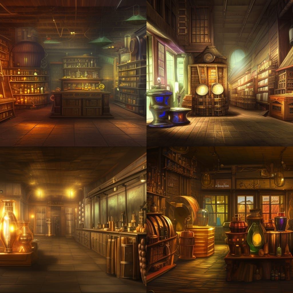 Alchemy shop 8k resolution concept art hyperdetailed contrasting colors 4K twilight mysterious polished