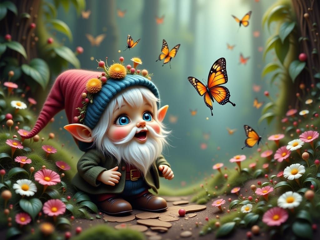 Gnome Playing with Butterflies in Fairytale Forest