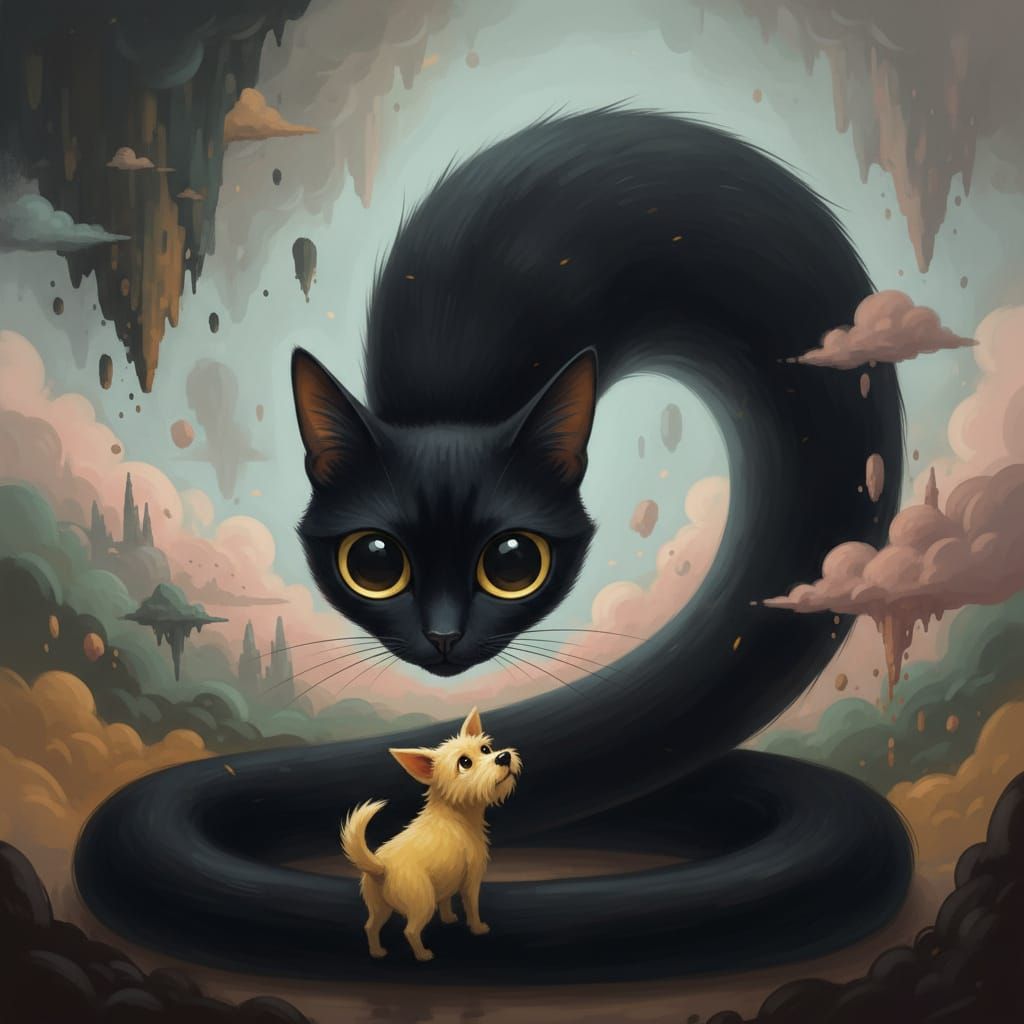 Surreal Giant Cat Meets Small Dog in Dreamlike Scene