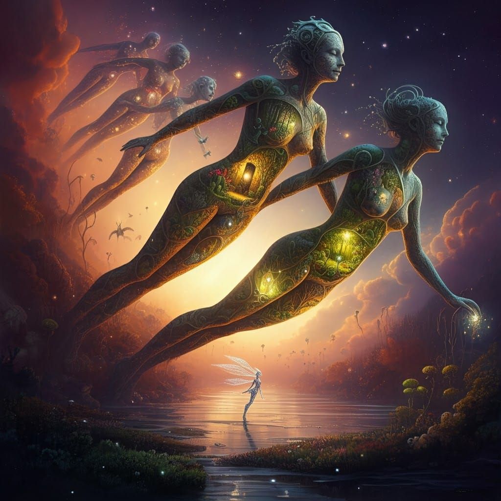 Celestial being Rides Comet Tail in Whimsical Cosmic Scene