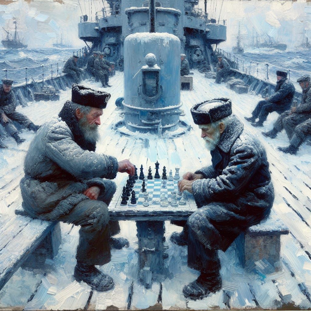 Elderly Sailors Play Chess: 1800s Oil Painting