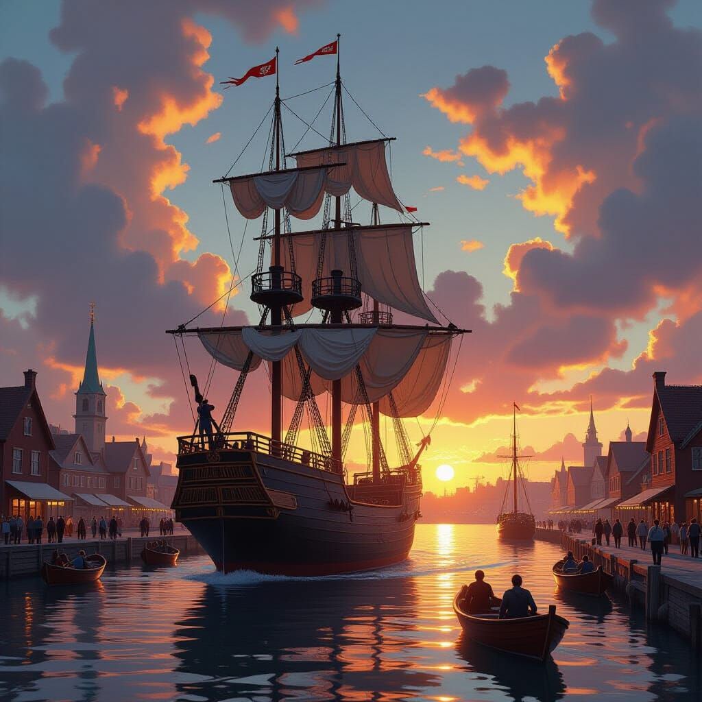 Majestic Sailing Ship in Golden Harbor