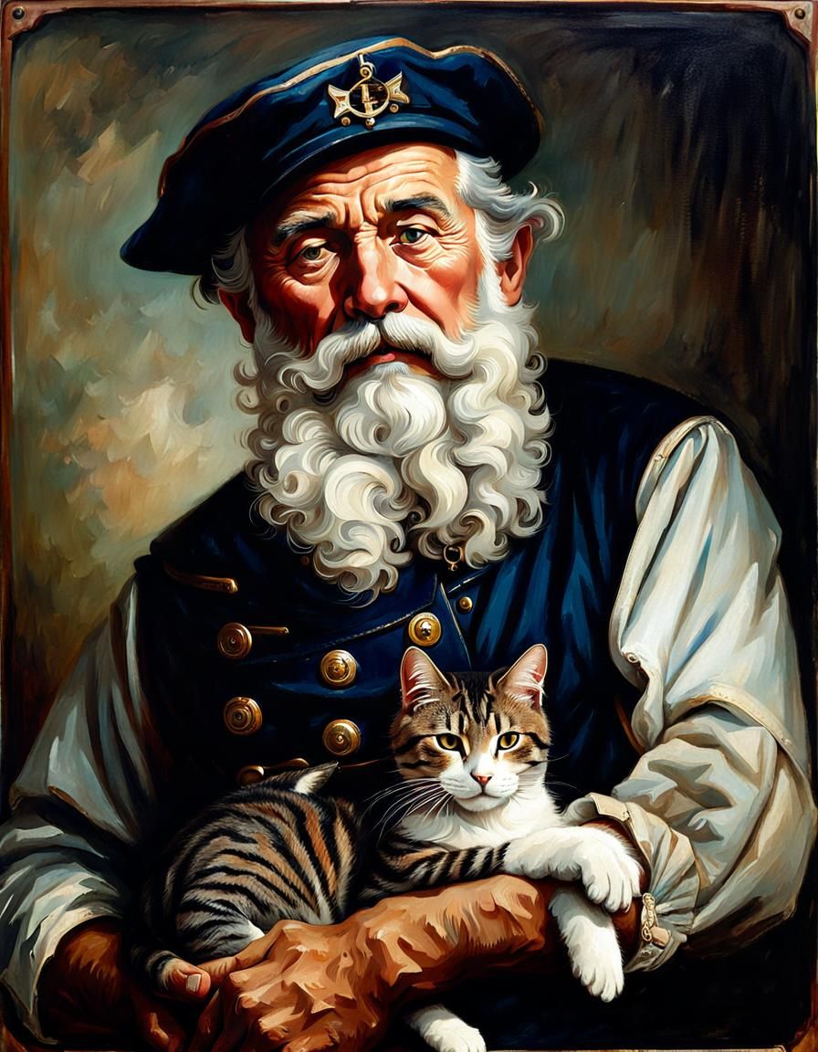 Old Sailor with Sleeping Cat Portrait