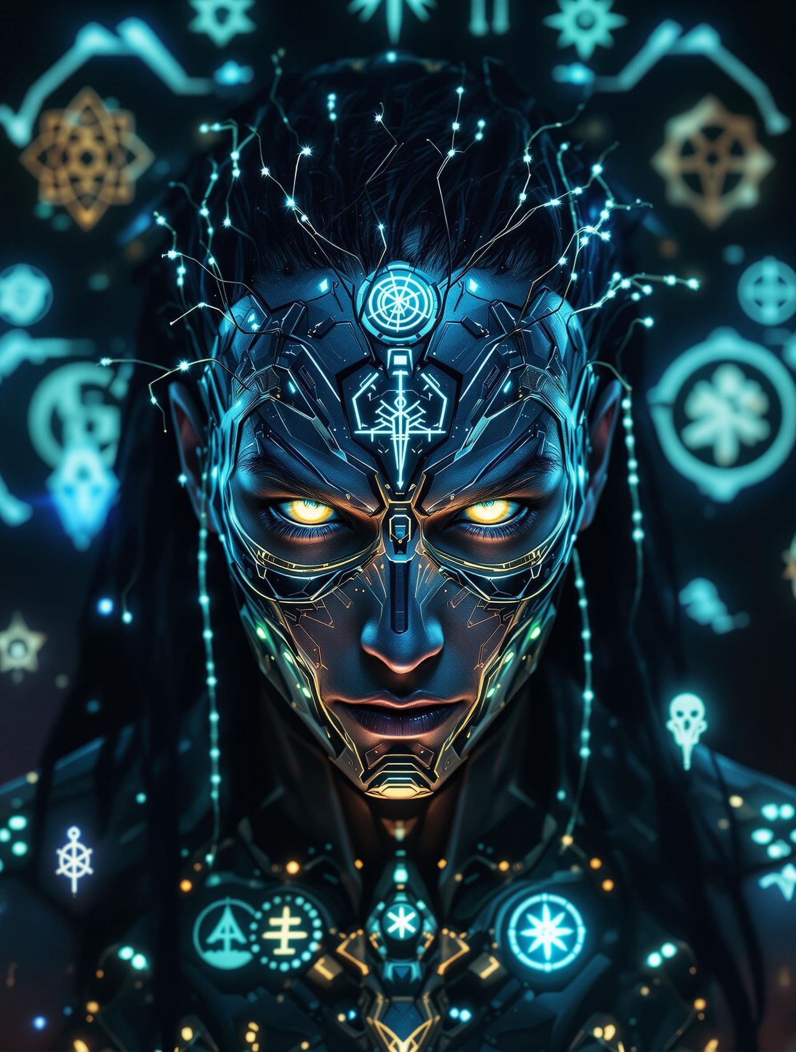 Cyberpunk Techno-Shaman with Bioluminescent Hair and Hologra...