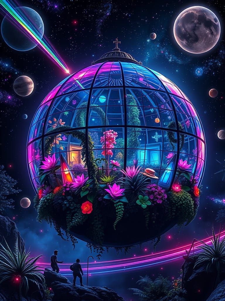 Vibrant Cosmic Greenhouse in Neon and Glass