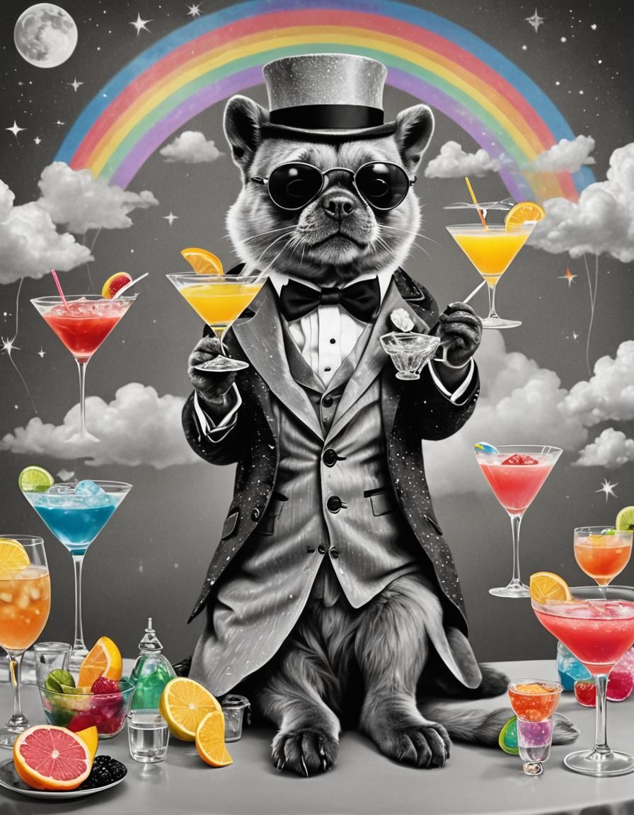 Animal Bartender Sipping Cocktails Under Rainbow Sky