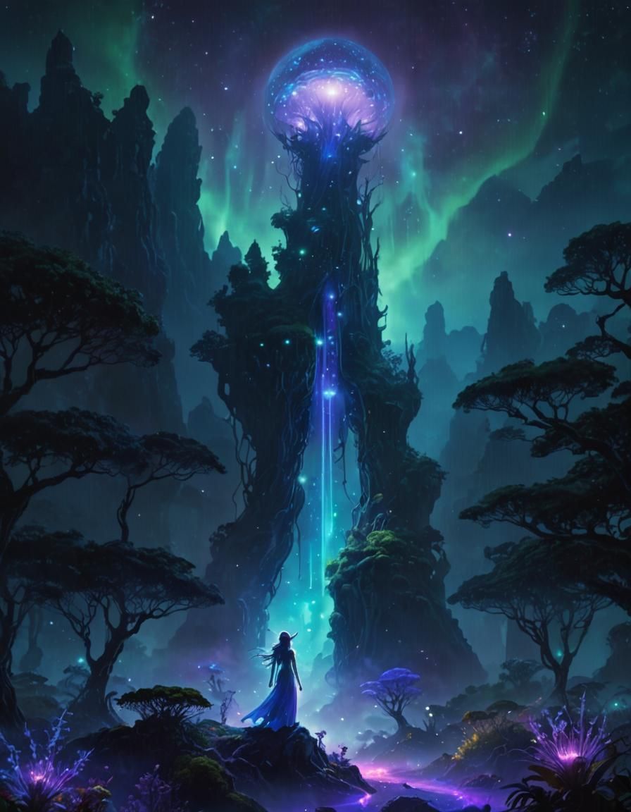 Ethereal Alien Landscape with Bioluminescent Flora