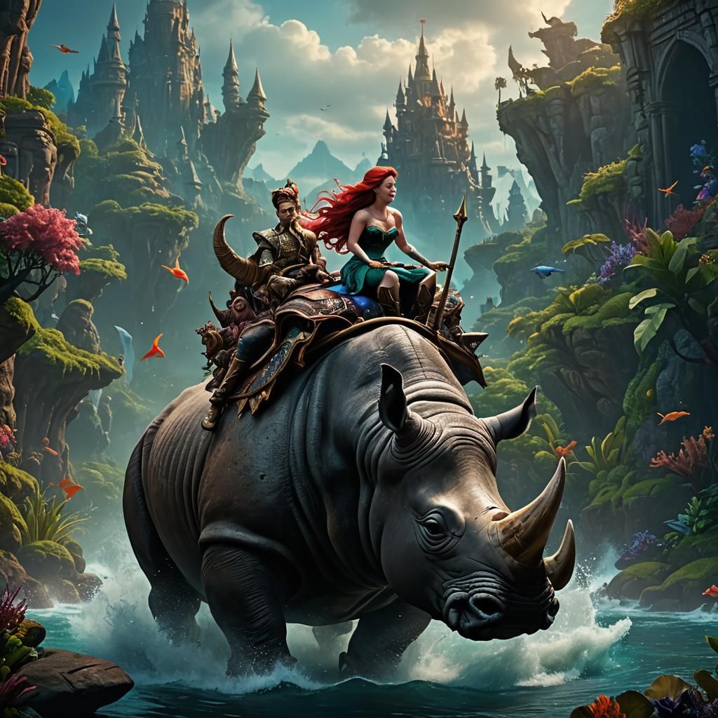 Little Mermaid Rides a Rhino in Fantasy Art