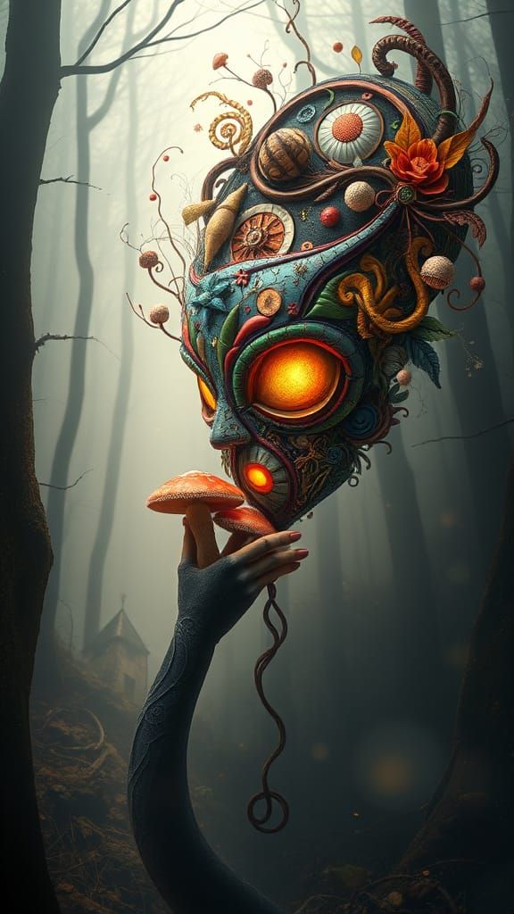 Surreal Cosmic Portrait with Glowing Mushroom Amidst Celesti...