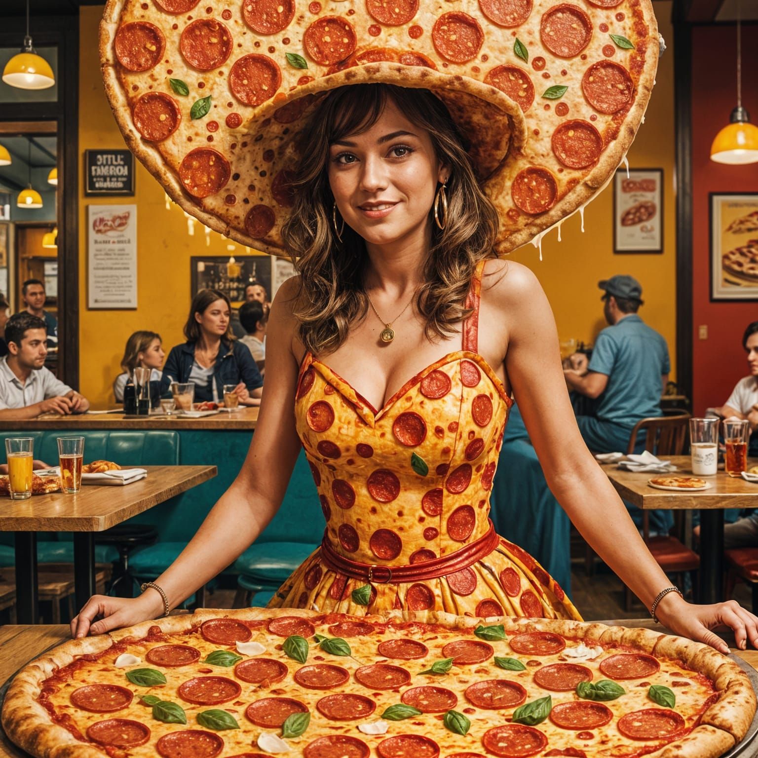 Woman in a Pepperoni and Cheese Pizza Dress