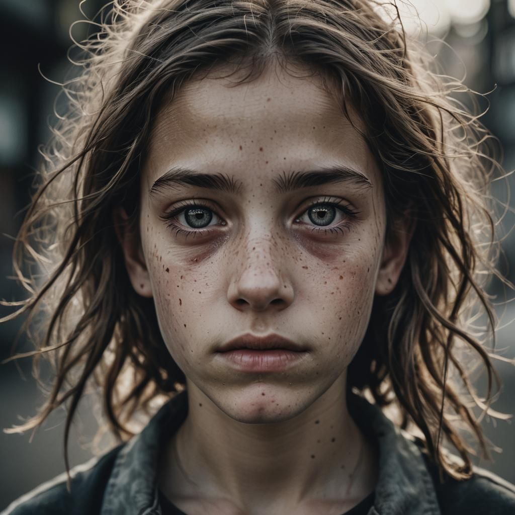 Emotional Portrait of a Young Girl in Street Photography Sty...