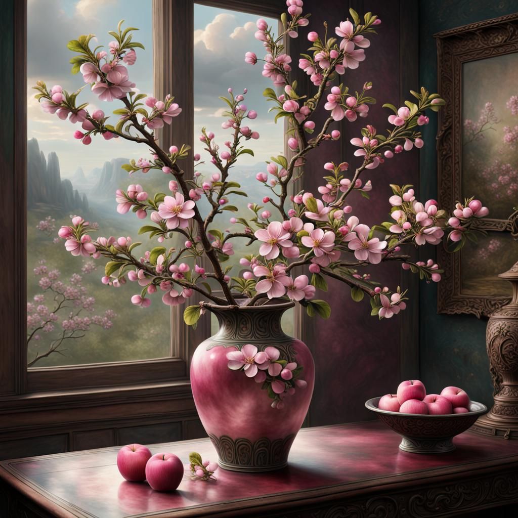 Pink Apple Blossoms in Vase: Digital Matte Painting