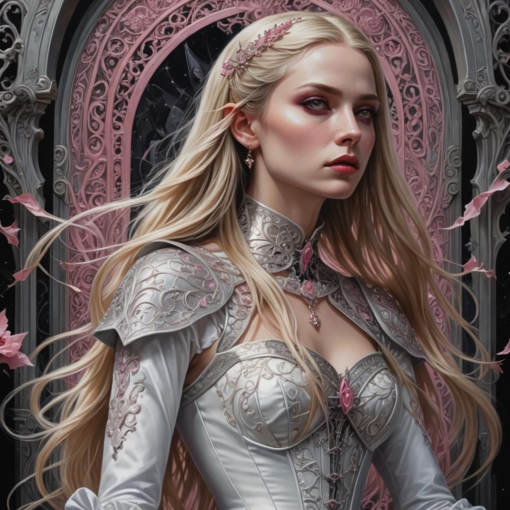 Mystical Blond Woman in Silver Corset: Hyperrealistic Portra...