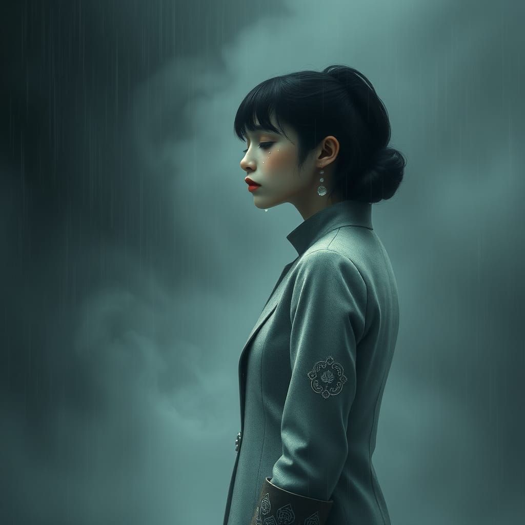 Melancholy Figure in Mist with Art Deco Style