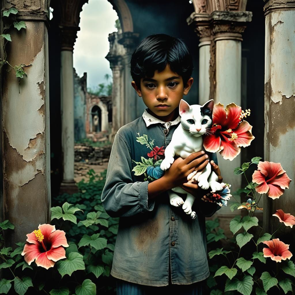 Boy with Porcelain Cat in Hibiscus Flower