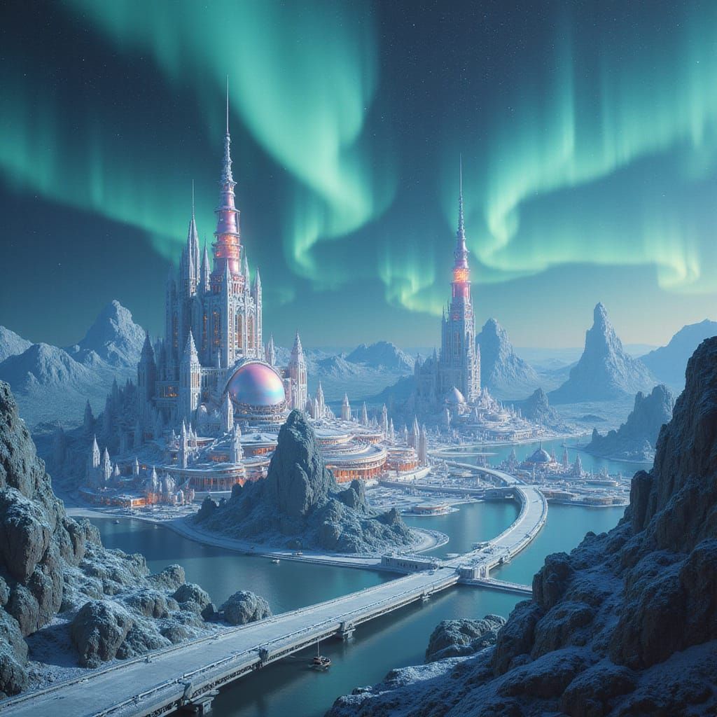 Surreal Futuristic Cityscape Under Ethereal Aurora