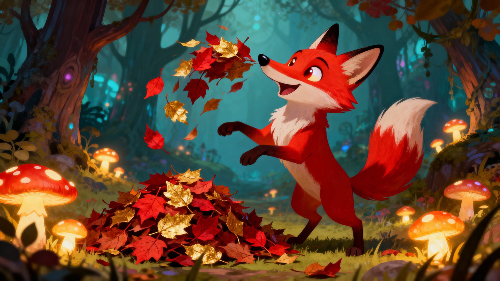 Mischievous Fox Tosses Autumn Leaves in Enchanted Forest